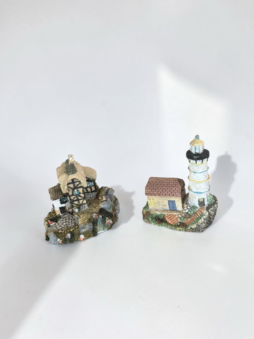 Vintage Miniature Cottage & Lighthouse Figurine Set Coastal Village Decor